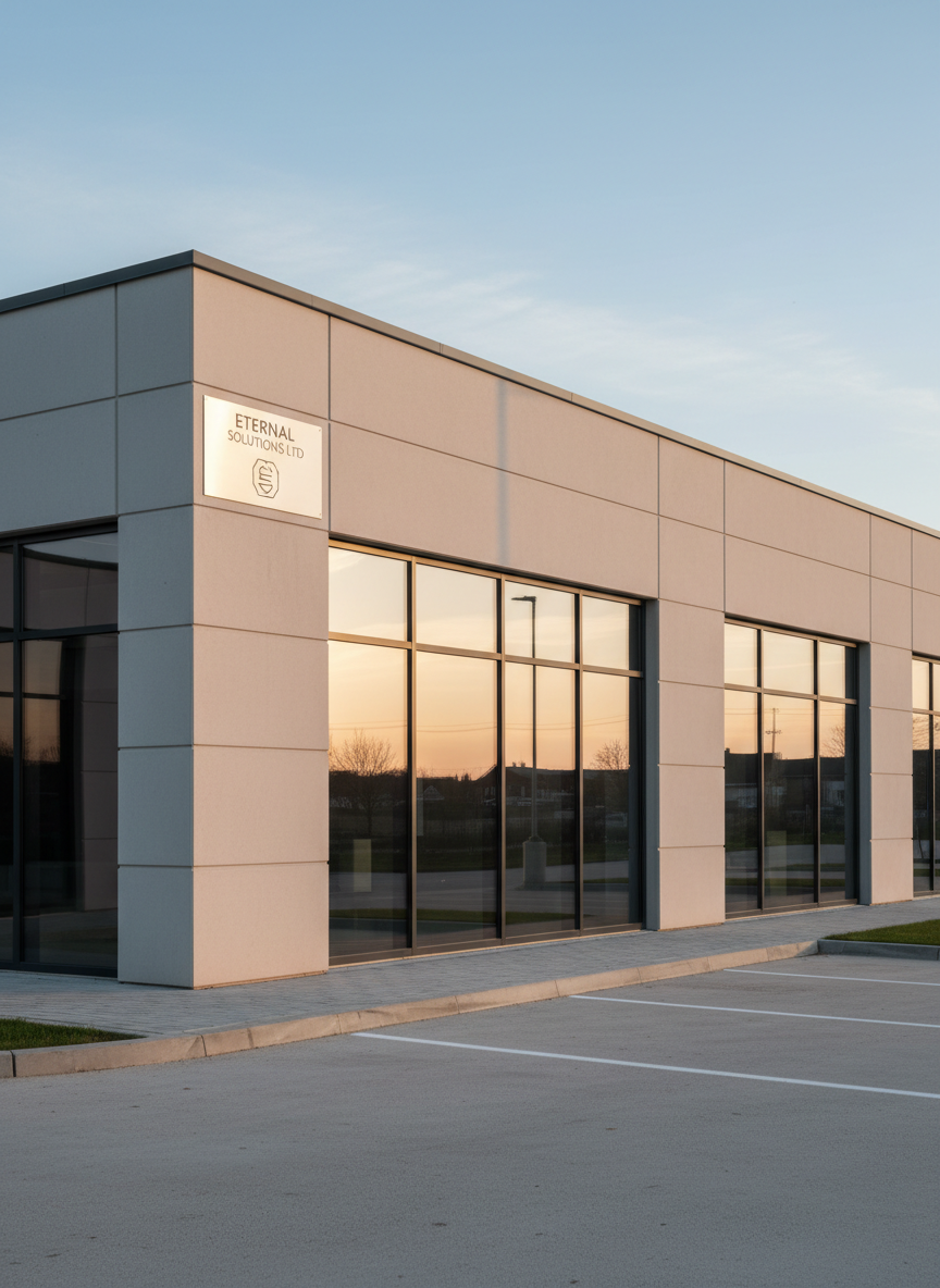 A detailed close-up of a sleek, newly constructed commercial building façade bearing the subtle logo of “Eternal Solutions Ltd” on brushed metal signage. The structure features clean architectural lines, smooth light-gray concrete panels, and reflective glass windows with dark aluminum frames. It stands on a neatly paved forecourt with precise line markings and freshly laid stone edging. Soft late-afternoon natural light washes across the façade, creating gentle shadows that emphasize the textures of concrete and metal. Captured at eye level with photographic realism and sharp focus, the composition follows the rule of thirds, leaving ample negative space in the sky for potential text overlay. The mood is professional, stable, and trustworthy, perfectly representing a high-end construction and maintenance company.
