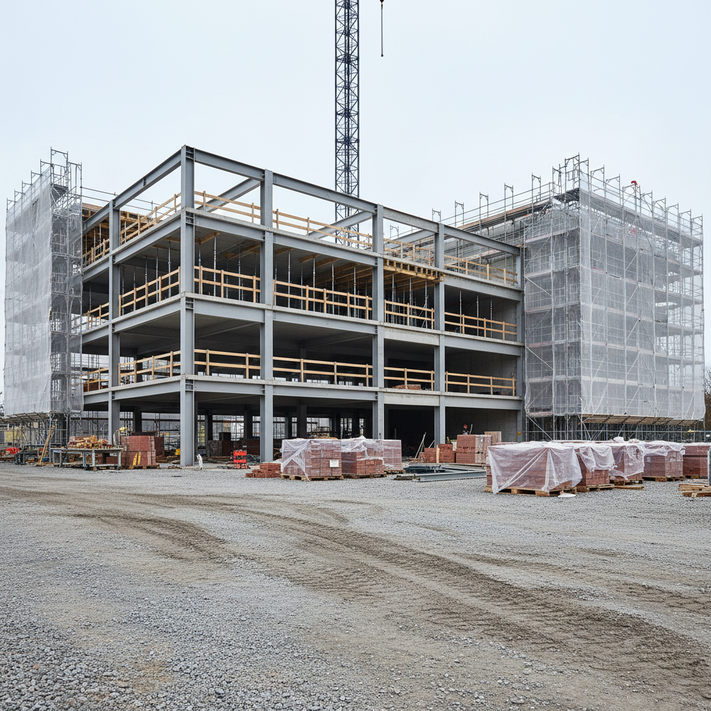 A meticulously organized construction site for a mid-rise office building, with structural steel beams, clean formwork, stacked pallets of bricks, and neatly arranged tools, all free of clutter. The ground is compacted gravel with crisp tire tracks leading toward a partially completed concrete structure. Bright, diffused daylight from an overcast sky eliminates harsh shadows, evenly illuminating the scene. In the background, a tower crane and scaffolding wrapped in safety netting rise against a pale blue-gray horizon. Photographic realism captures every detail: reflective metal surfaces, the fine grain of timber, and the matte finish of concrete. Shot from a slightly elevated angle with wide depth of field, the composition feels ordered and controlled, conveying precision, safety, and professionalism in construction operations.